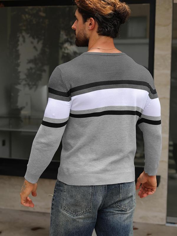 Men's Patchwork Print Round Neck Sweater, Regular Fit Casual Long Sleeve Crew Neck Jumper for Fall & Winter, Fashion Men's Knitwear for Daily Wear