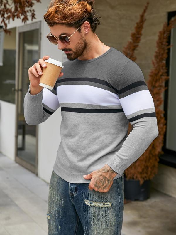 Men's Patchwork Print Round Neck Sweater, Regular Fit Casual Long Sleeve Crew Neck Jumper for Fall & Winter, Fashion Men's Knitwear for Daily Wear