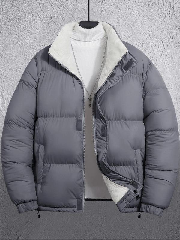 Men's Solid Pocket Zip Up Hooded Winter Coat, Regular Fit Casual Long Sleeve Thermal Lined Outerwear for Fall & Winter, Men's Clothes for Daily Wear
