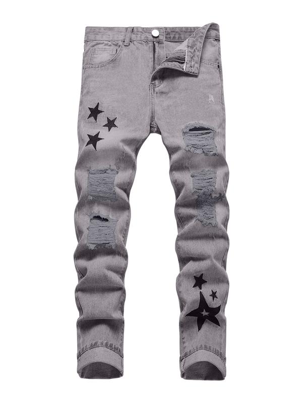 Slim Fit Ripped Jeans For Men, Distressed Fashion Denim Pants, Destroyed Casual Straight Trousers, Classic Plain Menswear Streetwear, Christmas Gifts