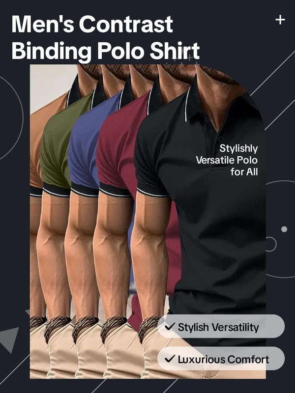 Men's Contrast Binding Buttons Polo Shirt, Regular Fit Casual Fashion Short Sleeve Polo Collar Shirt Top, Polo Shirt for Men 2024, Fall Tops, Back To School Outfits, Polo Shirts Men, Mens Clothing