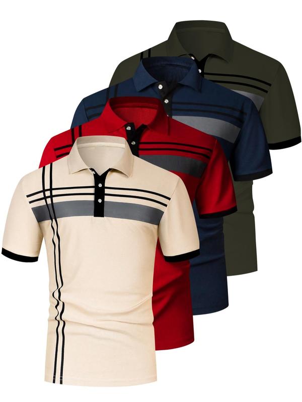 Men's Striped Print Short Sleeve Polo Shirt, Polo Clothes, Polo Collar Shirt, Regular Fit Casual Half Buttons Collared Top for Summer, Men's Clothes for Daily Wear