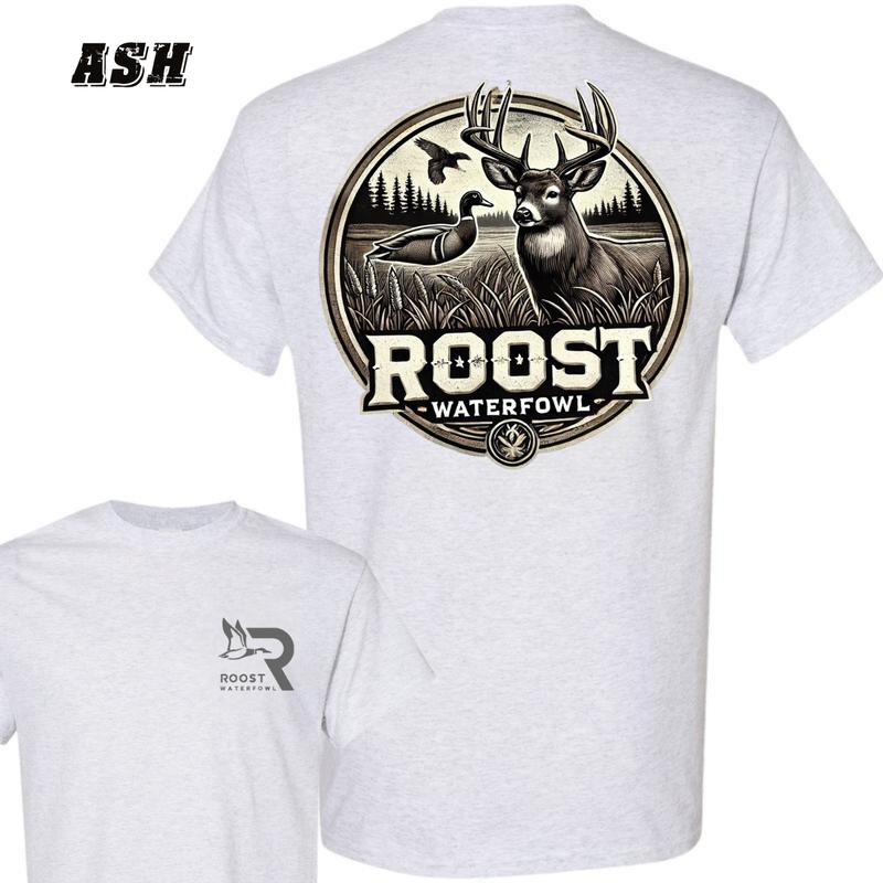 Roost Waterfowl T-Shirt - Buck And Duck Hunting Scene Graphic , Comfortable Black Unisex T-Shirt , Perfect For Outdoor And Hunting Enthusiasts , Stylish And Durable Apparel , Ideal For All Seasons Classic Crewneck Menswear Top