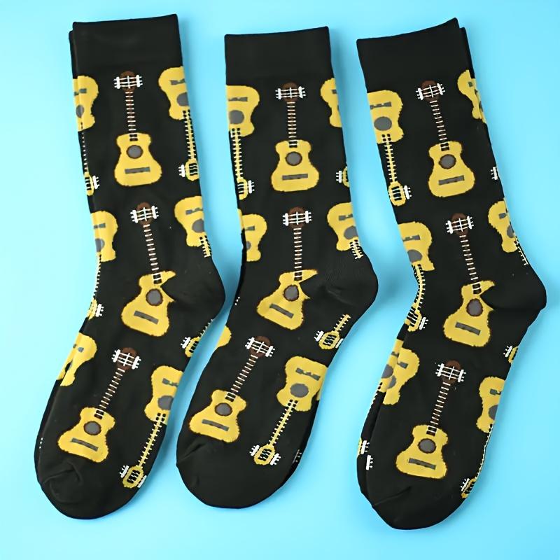 Men's Fashion Cartoon Guitar Pattern Socks, Breathable Comfort and Casual Tube Socks, a Must-Have Item for Men's Outdoor Wear