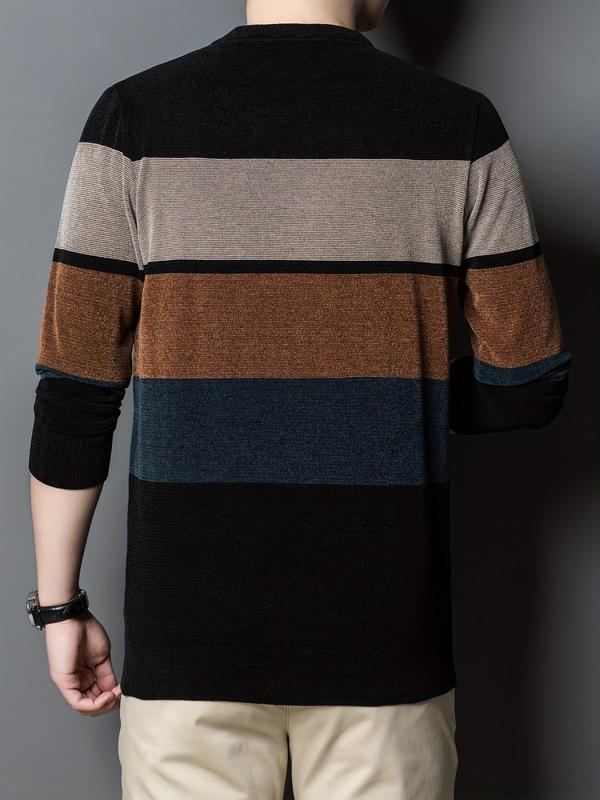 Men's Colorblock Striped Print Round Neck Sweater, Regular Fit Casual Long Sleeve Crew Neck Jumper for Fall & Winter, Fashion Men's Knitwear for Daily Wear