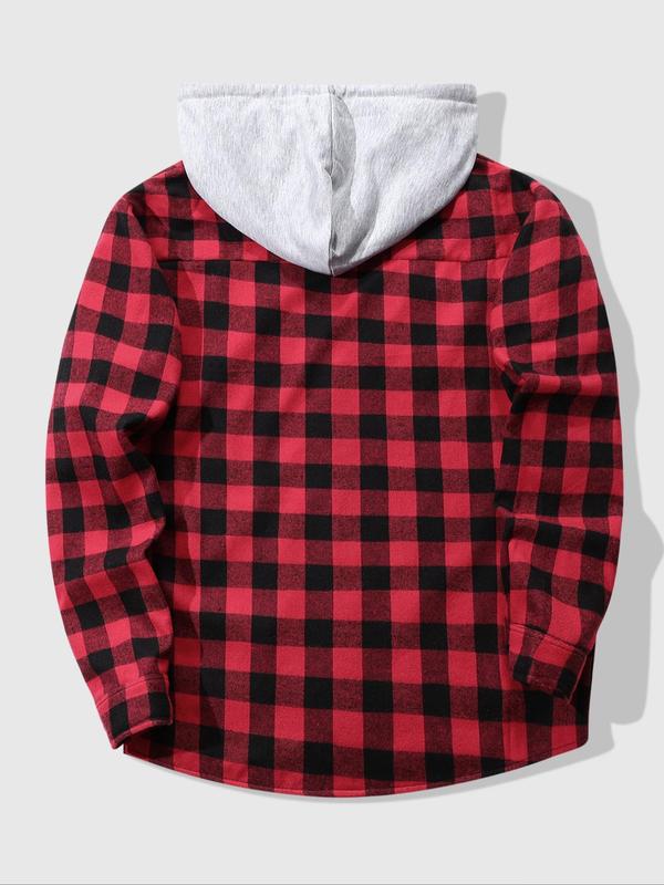 Men's Plaid Print Button Front Drawstring Hooded Shirt, Regular Fit Casual Long Sleeve Pocket Top for Fall & Winter, Men's Clothes for Daily Wear