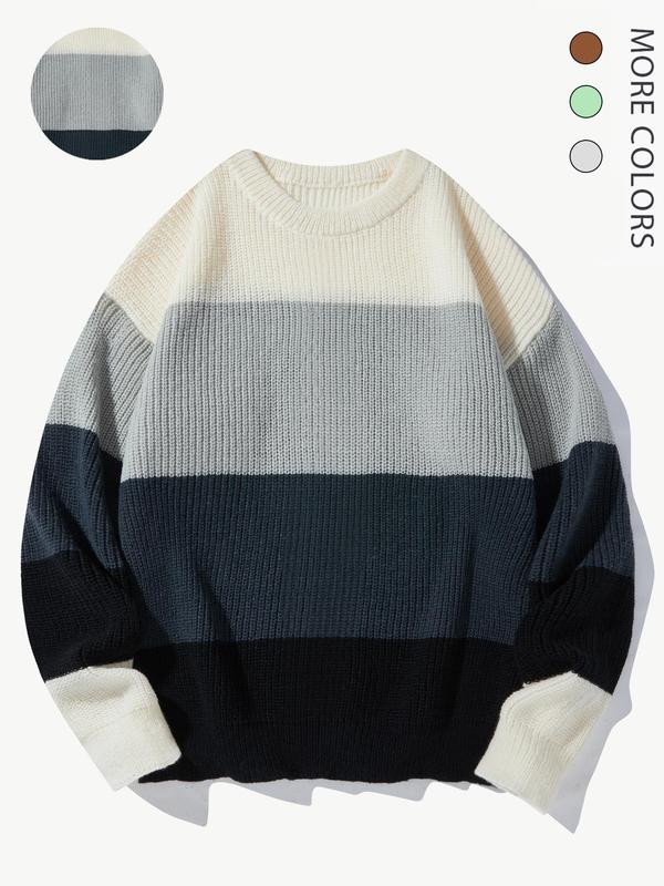 Men's Colorblock Patchwork Drop Shoulder Sweater, Casual Long Sleeve Round Neck Jumper for Fall & Winter, Fashion Cozy Chic Men's Knitwear for Daily Wear