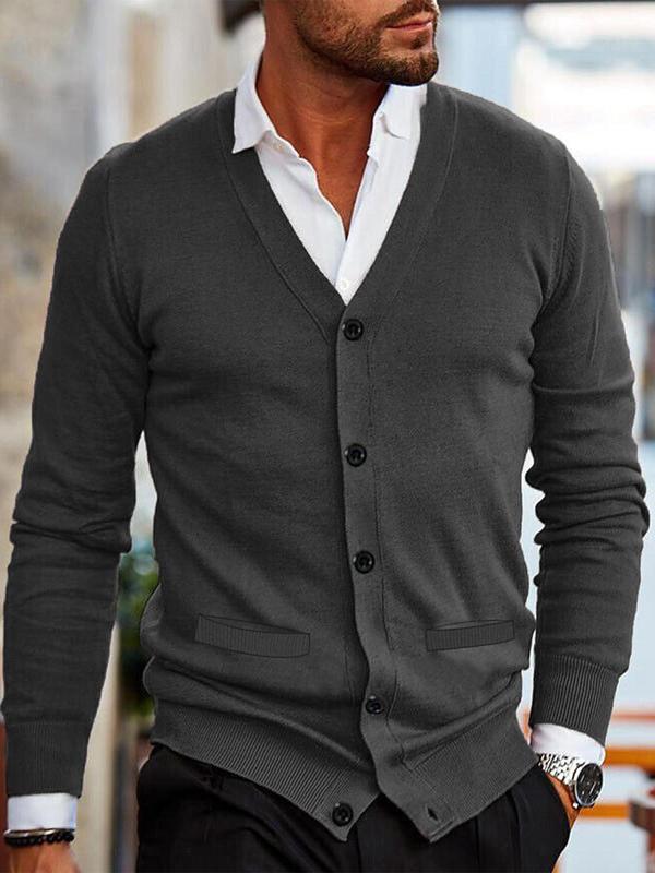 Men's Solid Button Front V Neck Cardigan, Slim Casual Long Sleeve Knitwear for Spring & Fall, Fashion Men's Knit Clothing for Daily Wear
