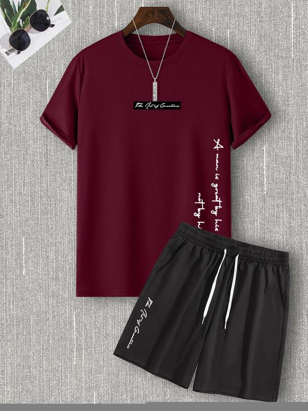 Two-Piece Set Men's Letter Print Tee & Drawstring Pocket Shorts Set, Regular Fit Streetwear Casual Short Sleeve T-shirt & Shorts, Men's Designer Outfits Set, Men Summer Outfits 2024