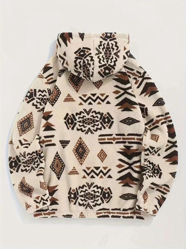 Men's Ethnic Pattern Drawstring Plush Hoodie, Casual Loose Long Sleeve Kangaroo Pocket Hooded Sweatshirt for Fall & Winter,  Vintage Clothing,  Fall Outfits 2024, Men's Clothes for Daily Wear