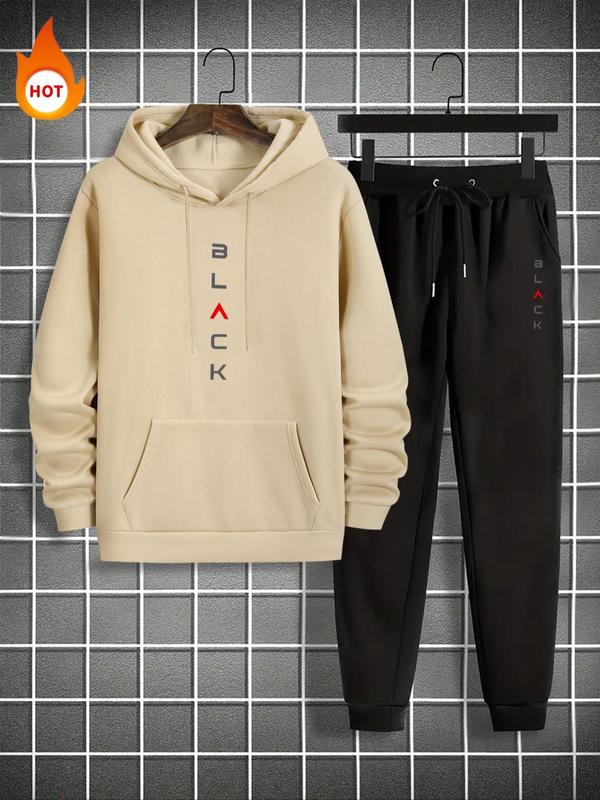 Men's Letter Print Drawstring Hoodie & Pocket Sweatpants Set, Casual Regular Fit Long Sleeve Hooded Top & Jogger Pants, Men's Fall & Winter Clothes