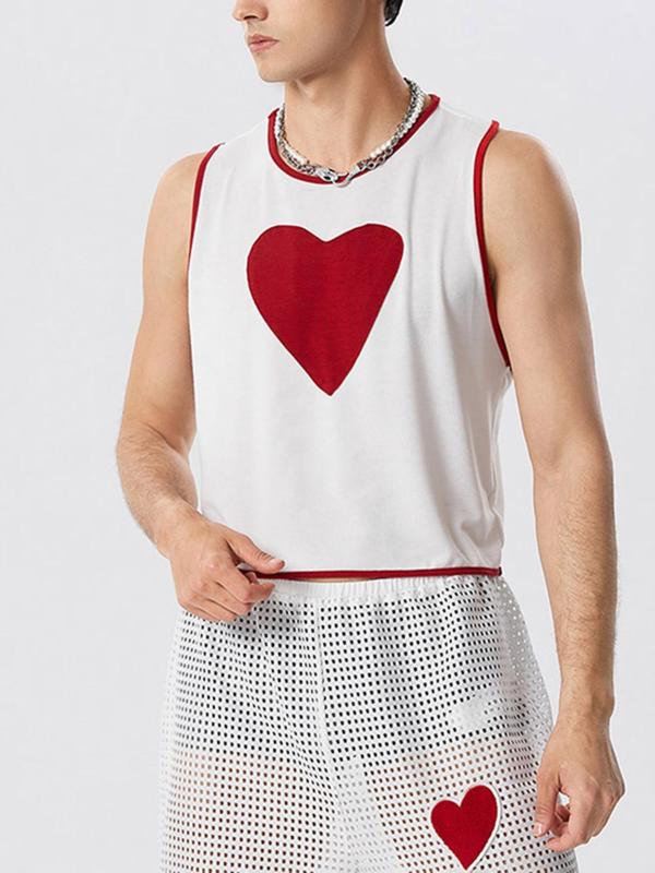 Men's Slim Heart Print Contrast Binding Crop Tank Top, Casual Sleeveless Round Neck Top for Summer, Fashion Men's Streetwear Clothes for Daily Wear, Men's Tops, Summer Outfits 2024