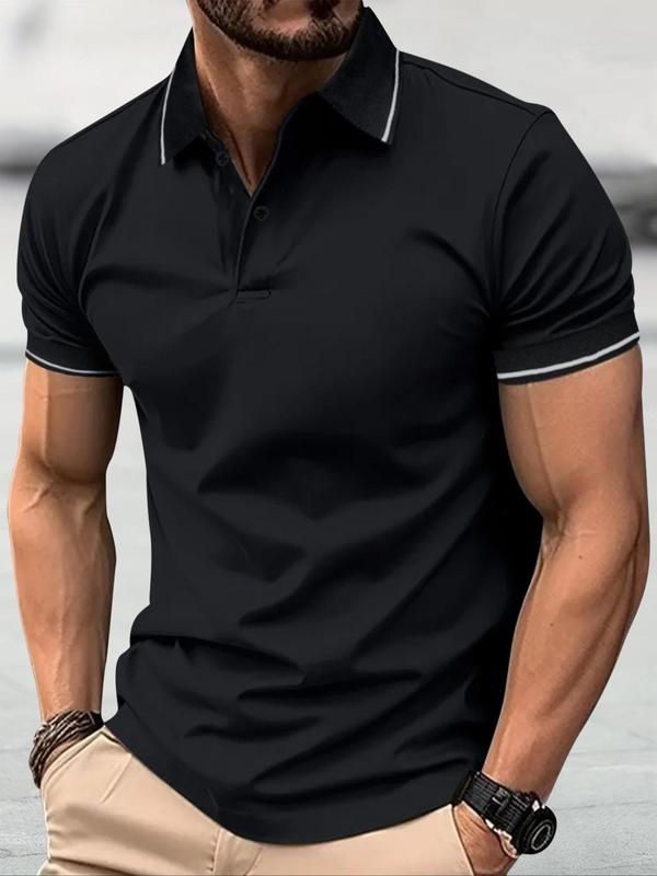 Men's Contrast Binding Buttons Polo Shirt, Regular Fit Casual Fashion Short Sleeve Polo Collar Shirt Top, Polo Shirt for Men 2024, Fall Tops, Back To School Outfits, Polo Shirts Men, Mens Clothing