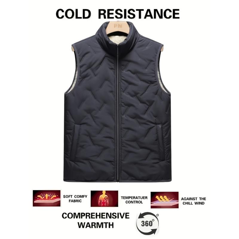 Men's Sleeveless Fleece-Lined Vest with Pockets - Casual Stand Collar, Machine Washable for Fall Winter