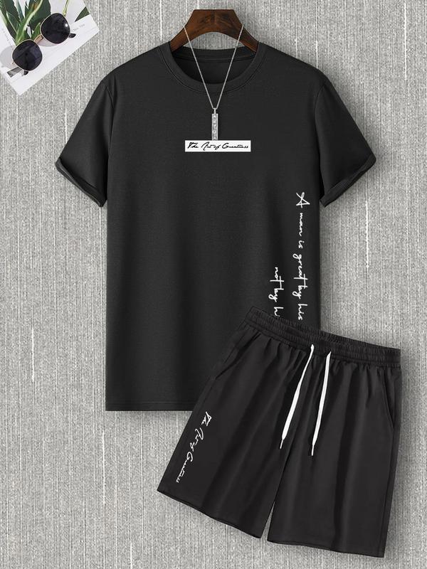 Two-Piece Set Men's Letter Print Tee & Drawstring Pocket Shorts Set, Regular Fit Streetwear Casual Short Sleeve T-shirt & Shorts, Men's Designer Outfits Set, Men Summer Outfits 2024