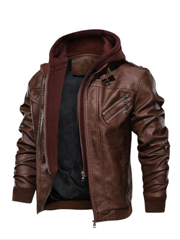 Men's Solid 2 in 1 Pocket Zipper Pu Leather Faux Fur Jackets, Casual Long Sleeve Hooded Outerwear for Fall & Winter, Men's Clothing, Men's Clothes for Daily Wear