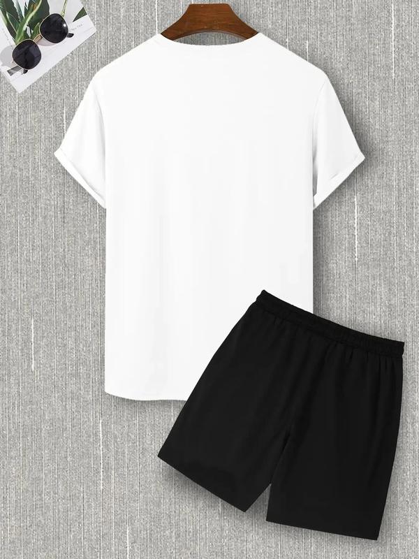 Two-Piece Set Men's Letter Print Tee & Drawstring Pocket Shorts Set, Regular Fit Streetwear Casual Short Sleeve T-shirt & Shorts, Men's Designer Outfits Set, Men Summer Outfits 2024