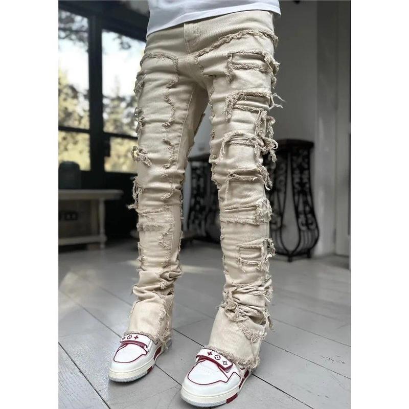 Men's Regular Fit Stacked Jeans Ripped Slim Fit Patch Distressed Destroyed Straight Denim Pants Hip Hop Streetwear Trouser Cloth