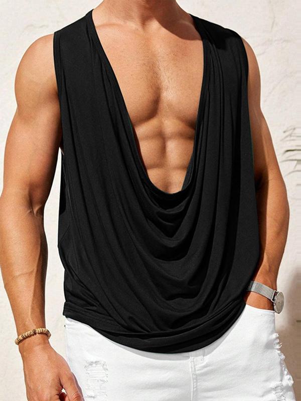 Men's Loose Solid Cowl Neck Tank Top, Casual Sleeveless Crop Top for Summer, Fashion Men's Clothes for Daily Wear