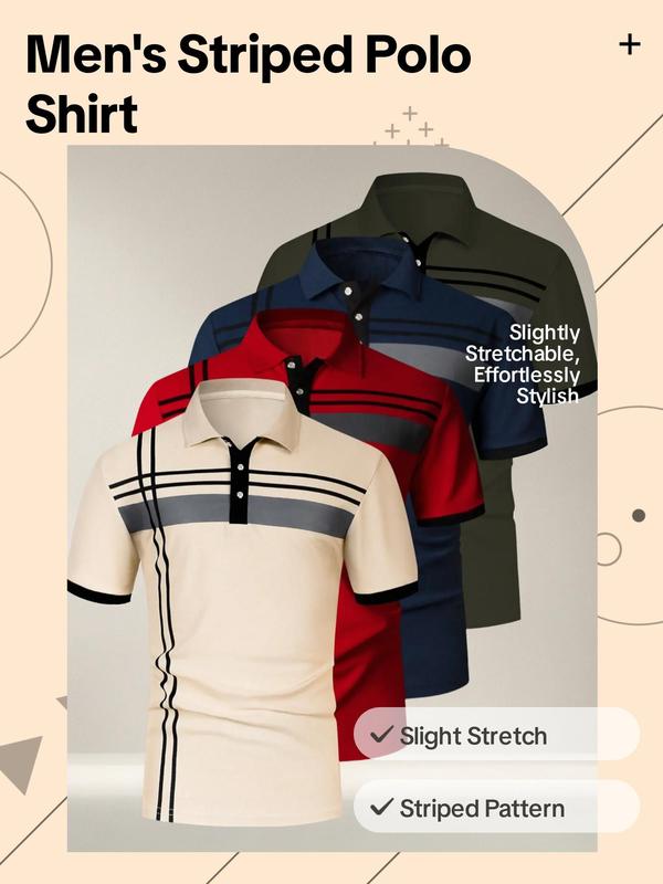 Men's Striped Print Short Sleeve Polo Shirt, Polo Clothes, Polo Collar Shirt, Regular Fit Casual Half Buttons Collared Top for Summer, Men's Clothes for Daily Wear