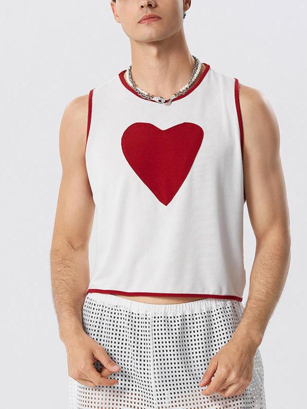 Men's Slim Heart Print Contrast Binding Crop Tank Top, Casual Sleeveless Round Neck Top for Summer, Fashion Men's Streetwear Clothes for Daily Wear, Men's Tops, Summer Outfits 2024