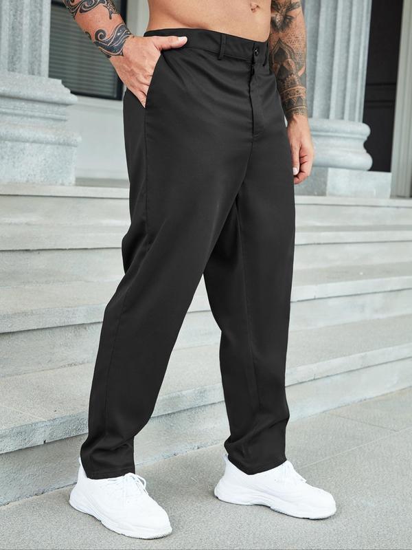 Plus Size Solid Button Pocket Suit Pants, Regular Fit Casual Comfy Trousers for Work Office Business Daily Wear, Men's Plus Size Bottoms for All Seasons