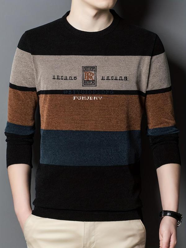 Men's Colorblock Striped Print Round Neck Sweater, Regular Fit Casual Long Sleeve Crew Neck Jumper for Fall & Winter, Fashion Men's Knitwear for Daily Wear