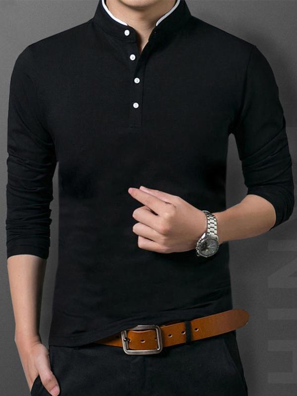 Men's Solid Color Long Sleeve Polo Shirt, Regular Fit Casual Fashion Button Front Collared Top for Spring & Fall, Men's Clothes for Daily Wear