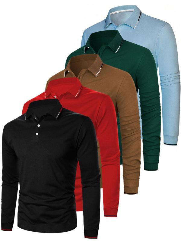 Men's Solid Long Sleeve Polo Shirt, Casual Regular Fit Button Front Collared Top for Spring & Fall, Men's Clothes for Daily Wear