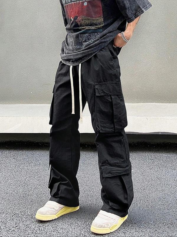 Men's Solid Pocket Drawstring Cargo Pants, Streetwear Loose Street Straight Leg Trousers, Mens Clothing, Summer Pants, Men's Bottoms for Daily Wear