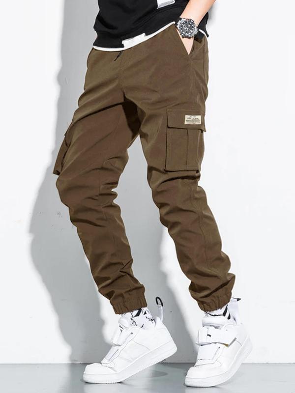 Men's Thin Loose Pocket Drawstring Waist Letter Patched Cargo Pants For Fall, Early Autumn Solid Multi-pockets Utility Trousers for Streetwear,Fall Pants for Men, Woven Joggers for Men, Please Purchase A Size Up