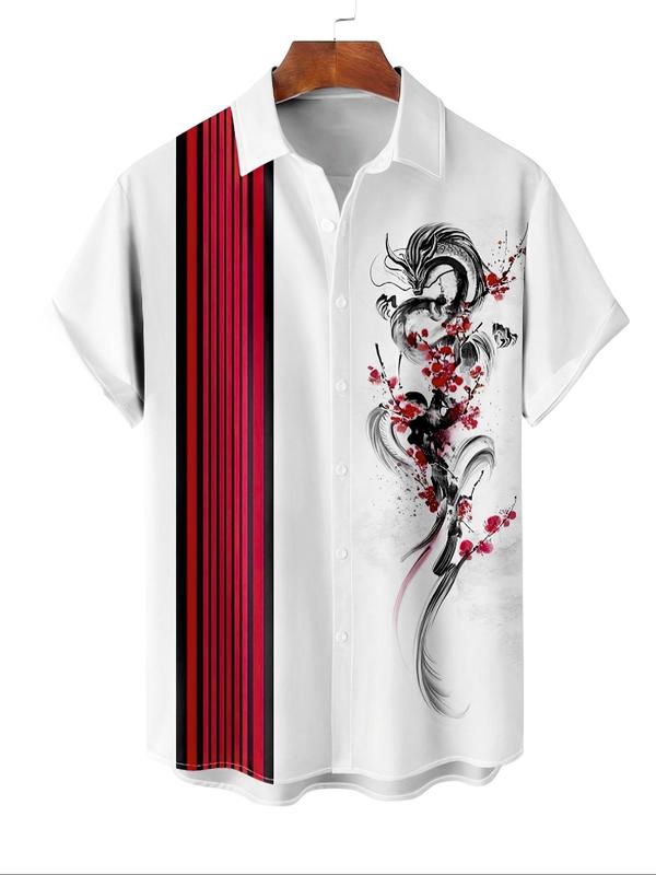 Men's Dragon & Floral & Striped Print Button Front Shirt, Regular Fit Casual Short Sleeve Collared Shirt for Summer, Men's Top for Daily Wear