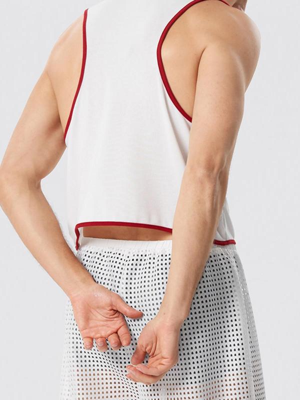 Men's Slim Heart Print Contrast Binding Crop Tank Top, Casual Sleeveless Round Neck Top for Summer, Fashion Men's Streetwear Clothes for Daily Wear, Men's Tops, Summer Outfits 2024