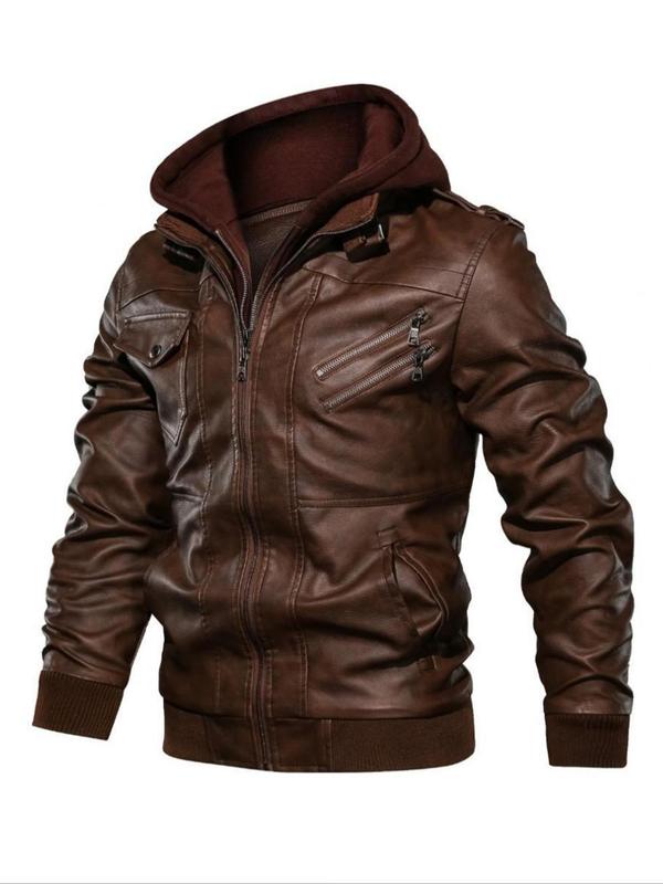 Men's Solid 2 in 1 Pocket Zipper Pu Leather Faux Fur Jackets, Casual Long Sleeve Hooded Outerwear for Fall & Winter, Men's Clothing, Men's Clothes for Daily Wear