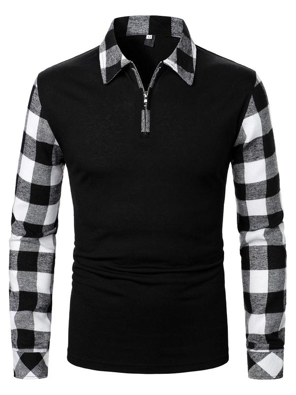 Men's Patchwork Plaid Print Half Zip Up Polo Shirt, Regular Fit Casual Long Sleeve  Top for Fall & Winter, Men's Clothes for Daily Wear