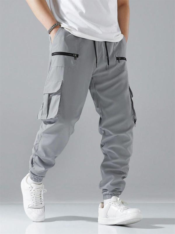 Men's Loose Solid Pocket Drawstring Waist Cargo Pants, Street Fashion Zipper Jogger Pants for Daily Wear, Casual Men's Trousers for All Seasons, Pants for Men, Going Out Summer Bottoms, Teacher Outfits 2024, 2000s Pants