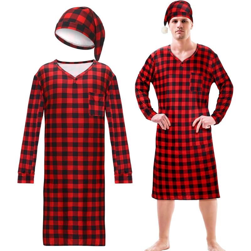 Christmas Plaid Men's Sleep Shirt Sleeping Hat Set Long Sleeve Pajama Cap with Pom Balls for Men