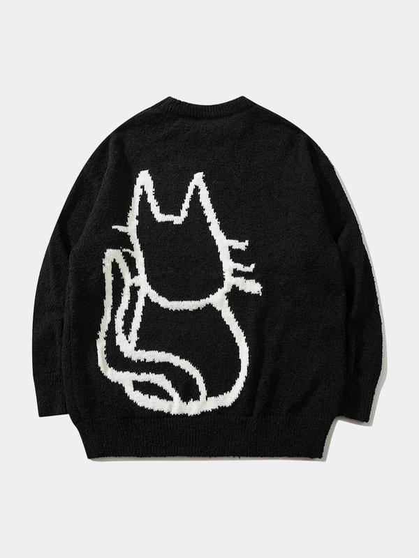 Unisex Men's Cartoon Cat Print Crewneck Sweater, Spring Outfits 2024, Loose Casual Streetwear Longsleeves Jumper for Fall Winter Menswear, Streetwear Y2k Tops, Graphic Sweater for Women