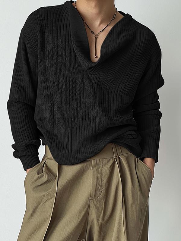 Men's Solid Cowl Neck Ribbed Sweater Pullover, Loose Casual Fashion Long Sleeve Jumper for Spring & Fall, Men's Knitwear for Daily Wear