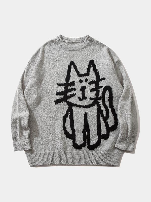 Unisex Men's Cartoon Cat Print Crewneck Sweater, Spring Outfits 2024, Loose Casual Streetwear Longsleeves Jumper for Fall Winter Menswear, Streetwear Y2k Tops, Graphic Sweater for Women