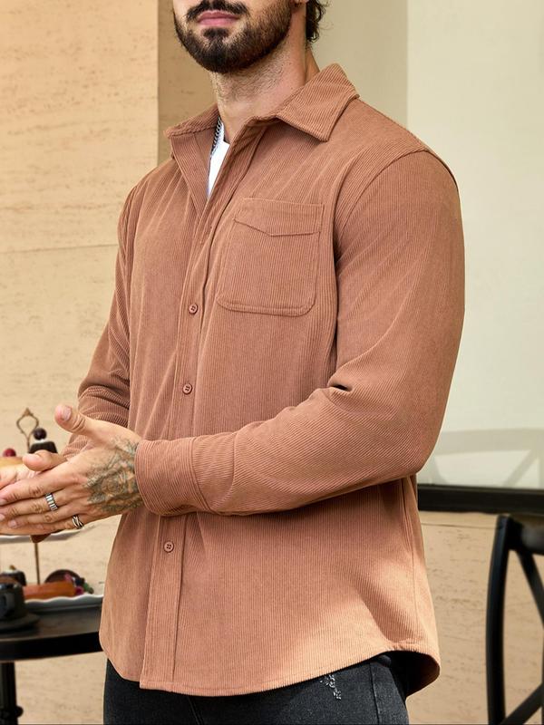 Men's Solid Button Front Pocket Shirt, Loose Casual Long Sleeve Collared Top for Fall & Winter, Men's Clothes for Daily Wear