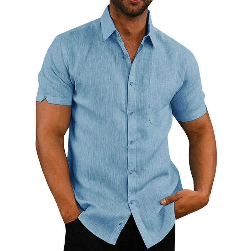 Runcati Mens Short Sleeve Shirts Button Down Tops Beach Linen Fishing Tees Spread Collar Plain Summer Blouses