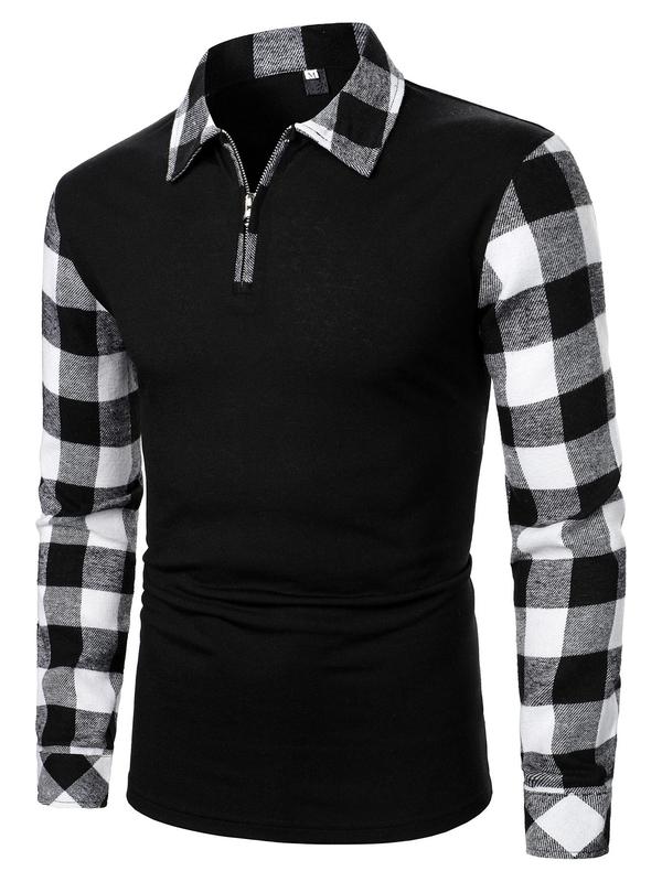 Men's Patchwork Plaid Print Half Zip Up Polo Shirt, Regular Fit Casual Long Sleeve  Top for Fall & Winter, Men's Clothes for Daily Wear