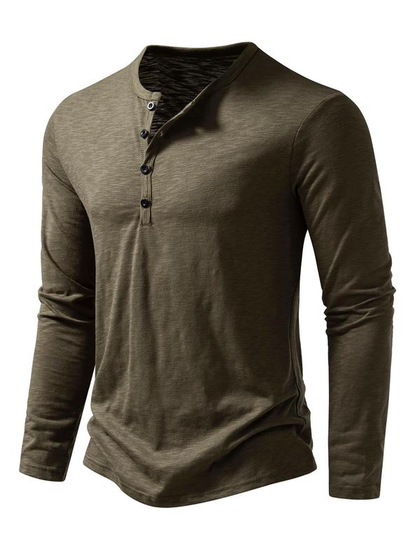 Men's Button Front Round Neck Henry Tee, Regular Fit Solid Long Sleeve T-shirt for Daily Wear, Casual Soft Comfy Top for All Seasons, Fall Clothes 2024