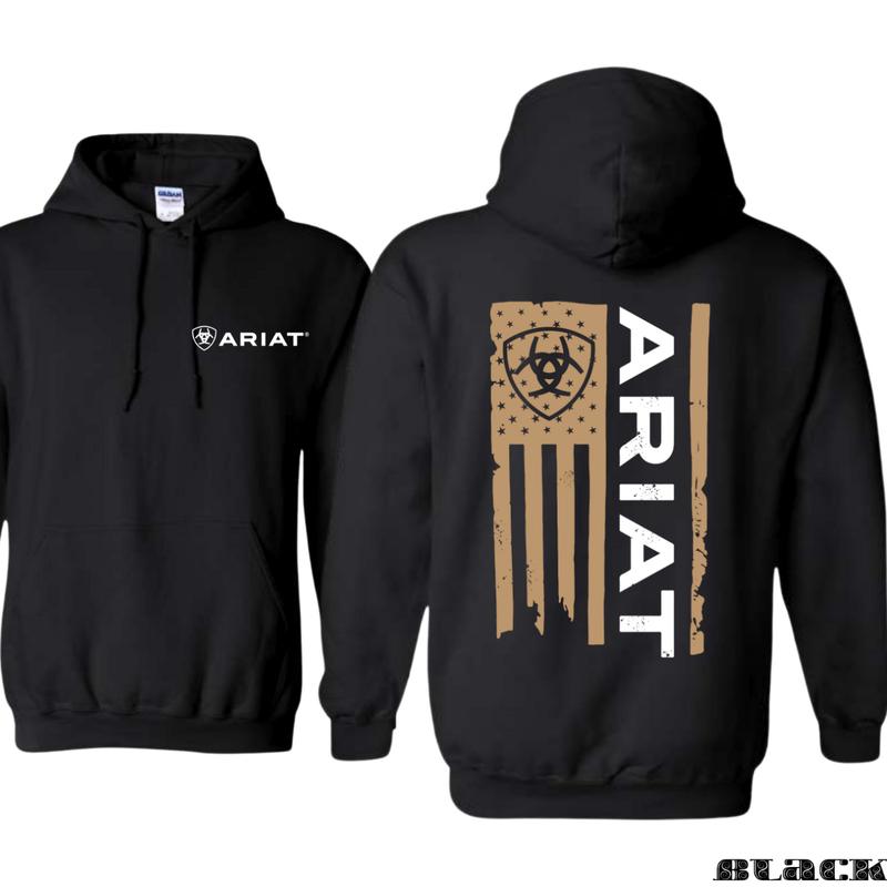 Ariat Hoodie - American flag style hoodie with prominent Ariat logo, perfect for those who appreciate a bold and rugged look, ideal for all outdoor activities. Unisex.