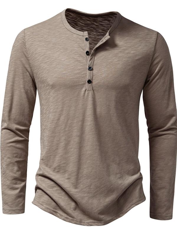 Men's Button Front Round Neck Henry Tee, Regular Fit Solid Long Sleeve T-shirt for Daily Wear, Casual Soft Comfy Top for All Seasons, Fall Clothes 2024