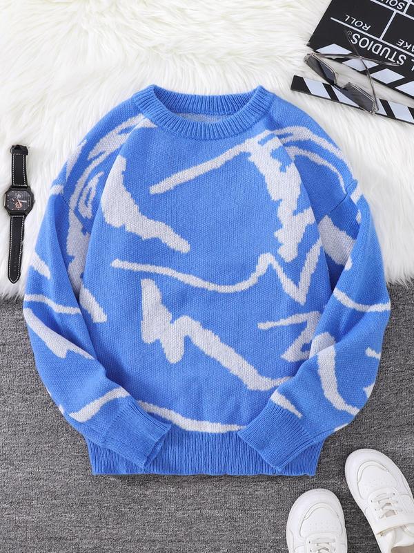 Men's Pop Art Print Drop Shoulder Sweater, Regular Fit Casual Colorblock Long Sleeve Round Neck Jumper For Fall, Fashion Men's Knitwear For Daily Wear