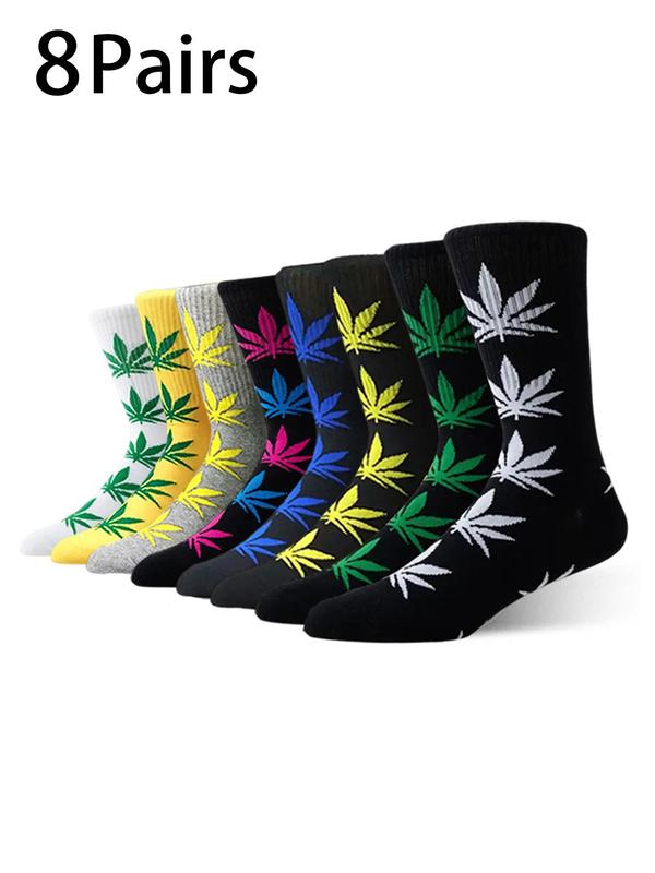 Men's Tropical Leaf Print Crew Socks, Casual Comfortable Breathable Mid-calf Socks for Daily Outdoor Wear, Socks for Men, Mixed Color Socks for Men, Menswear, Gifts for Boyfriend