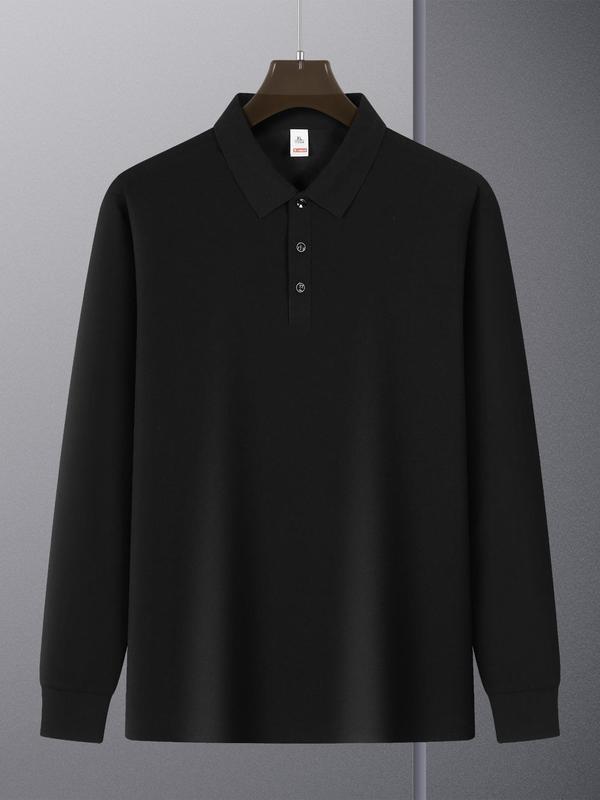 Men's Solid Long Sleeve Polo Shirt, Regular Fit Casual Button Front Collared Top for Spring & Fall, Men's Clothes for Business Work Daily Wear