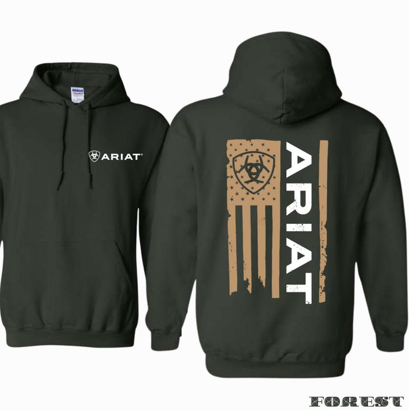 Ariat Hoodie - American flag style hoodie with prominent Ariat logo, perfect for those who appreciate a bold and rugged look, ideal for all outdoor activities. Unisex.